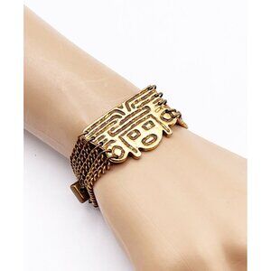 Vintage Tribal Revival Bracelet Multi Strand Chain Mask Face Gold Tone Unmarked